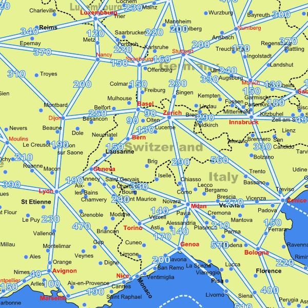harta e zvicrës në hartë me distanca të