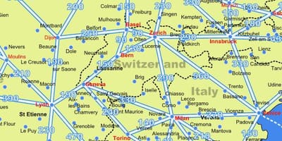Harta e zvicrës në hartë me distanca të